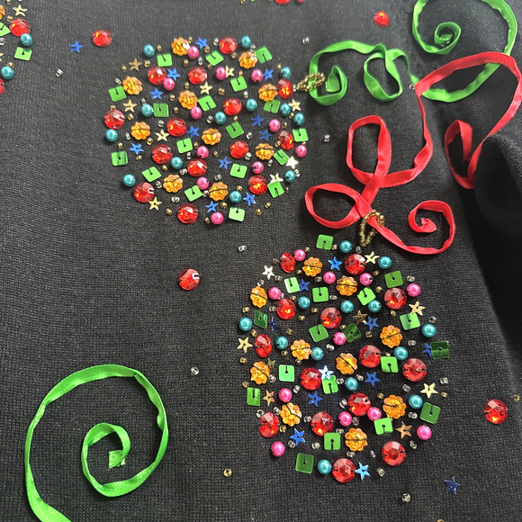 Vtg Christmas Sweater Ornaments Beaded Sequins Ribbon Black White S/M Holiday - Picture 5 of 14